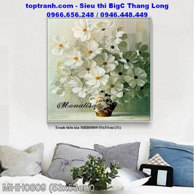 Tranh thêu bình hoa trắng